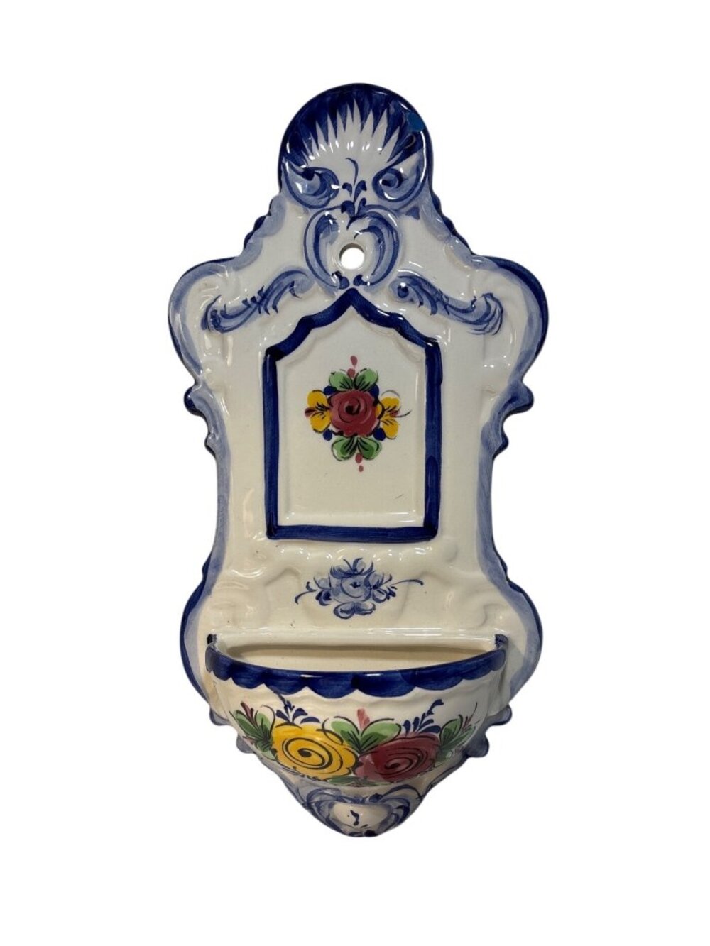 Yestal Holy Water Font Wall Pocket Vase Blue White Floral Alcobaça Portugal Vtg